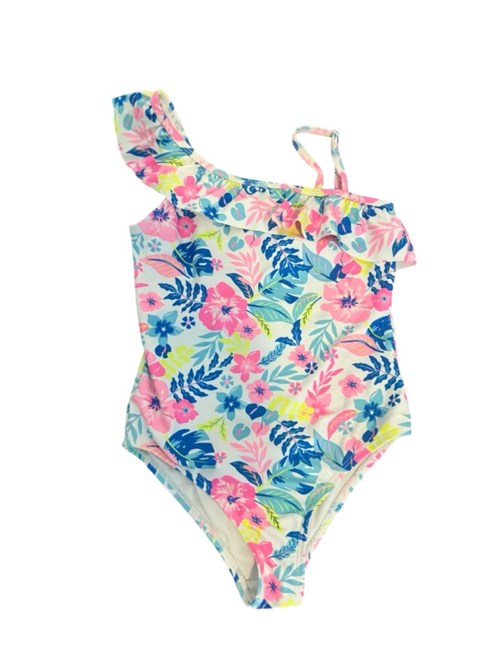 Catherine Malandrino Girls One-Shoulder Floral Swimsuit - Pink, Blue & Lime